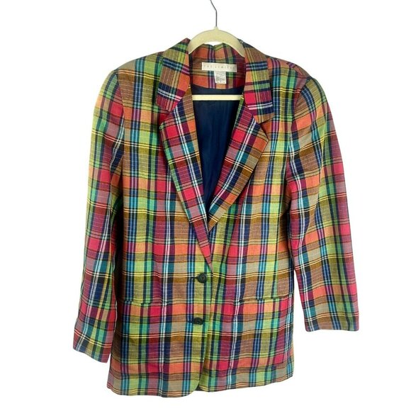 Vintage 90s The Limited Blazer Jacket Women Small Pink Green Madras Plaid Cotton - Picture 1 of 8